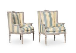 A PAIR OF FRENCH GREY PAINTED BEECH ARMCHAIRS, IN LOUIS XVI STYLE, LAST QUARTER 19TH CENTURY