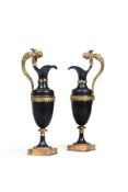 A PAIR OF FRENCH BRONZE, ORMOLU AND MARBLE EWERS, 19TH CENTURY