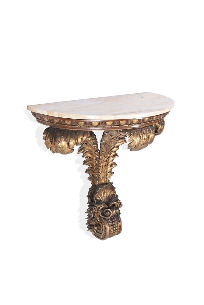 A PAIR OF CARVED GILTWOOD WALL BRACKETS OR CONSOLE TABLES, IN MID 18TH CENTURY STYLE, 20TH CENTURY - Image 2 of 7