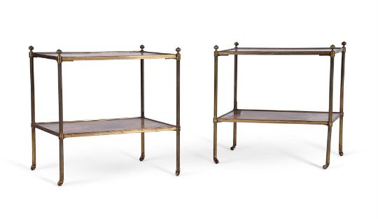 A PAIR OF LACQUER, JAPANNED AND GILT BRASS TWO-TIER ETAGERE, IN REGENCY STYLE, 20TH CENTURY