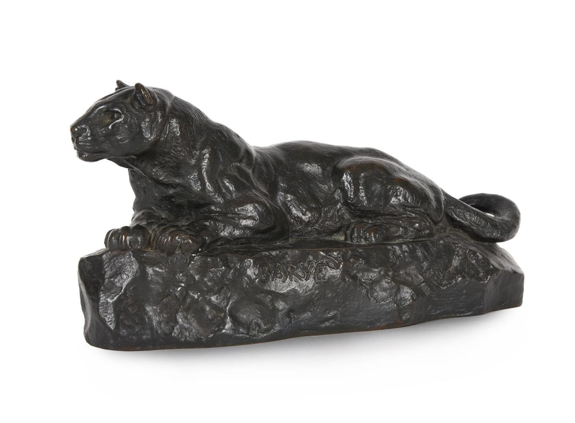 ANTOINE-LOUIS BARYE (1795-1875), A BARBEDIENNE ANIMALIER BRONZE OF A RECUMBENT PANTHER