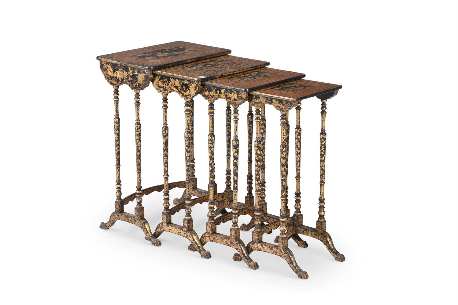 A SET OF FOUR CHINESE EXPORT BLACK AND GILT LACQUER QUARTETTO TABLES, CIRCA 1820