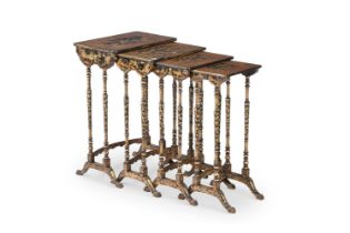 A SET OF FOUR CHINESE EXPORT BLACK AND GILT LACQUER QUARTETTO TABLES, CIRCA 1820