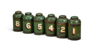 A GROUP OF SIX VICTORIAN TOLE PEINTE TEA CANNISTERS, CIRCA 1830-1860