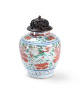 A WUCAI JAR AND HARDWOOD COVER, CHINESE, TRANSITIONAL PERIOD, MID 17TH CENTURY