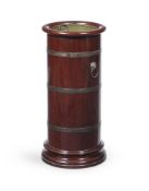 A MAHOGANY AND BRASS BOUND CYLINDRICAL STICK STAND, 19TH CENTURY