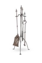 A SET OF THREE GEORGE III STEEL FIRETOOLS ON ORIGINAL STAND, CIRCA 1780-1800