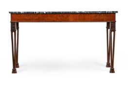 A MAHOGANY AND MARBLE TOPPED SERVING OR HALL TABLE, IN GEORGE III STYLE, 19TH CENTURY
