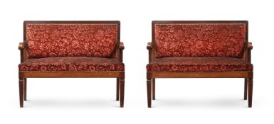A PAIR OF WILLIAM IV MAHOGANY AND UPHOLSTERED HALL BENCHES, CIRCA 1835
