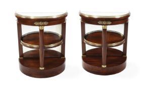 A PAIR OF MAHOGANY AND GILT METAL MOUNTED CONSOLE TABLES, LATE 19TH OR EARLY 20TH CENTURY
