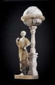 AN ITALIAN ALABASTER MAIDEN LAMP WITH STAND, LATE 19TH OR EARLY 20TH CENTURY