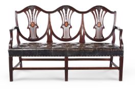A MAHOGANY AND MARQUETRY CHAIR BACK SETTEE, IN GEORGE III STYLE, LATE 19TH CENTURY