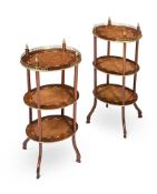 Y A PAIR OF EDWARDIAN ROSEWOOD, SATINWOOD, MARQUETRY AND GILT METAL MOUNTED THREE-TIER ETAGERES