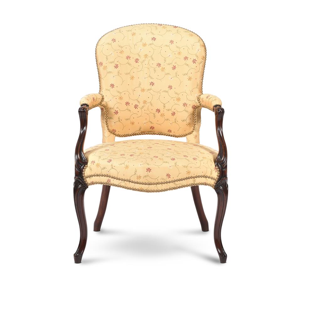 A GEORGE III MAHOGANY OPEN ARMCHAIR, IN THE MANNER OF GEORGE HEPPLEWHITE, CIRCA 1780