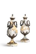 A PAIR OF GILT METAL MOUNTED MARBLE URNS, FRENCH OR ITALIAN, LATE 19TH OR EARLY 20TH CENTURY