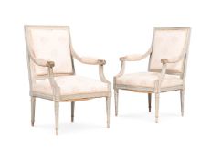 A PAIR OF FRENCH GREY PAINTED FAUTEUIL, IN LOUIS XVI STYLE, 19TH CENTURY