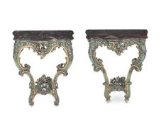 TWO SIMILAR CARVED WOOD AND GESSO CONSOLE TABLES, 18TH CENTURY AND LATER REDECORATED
