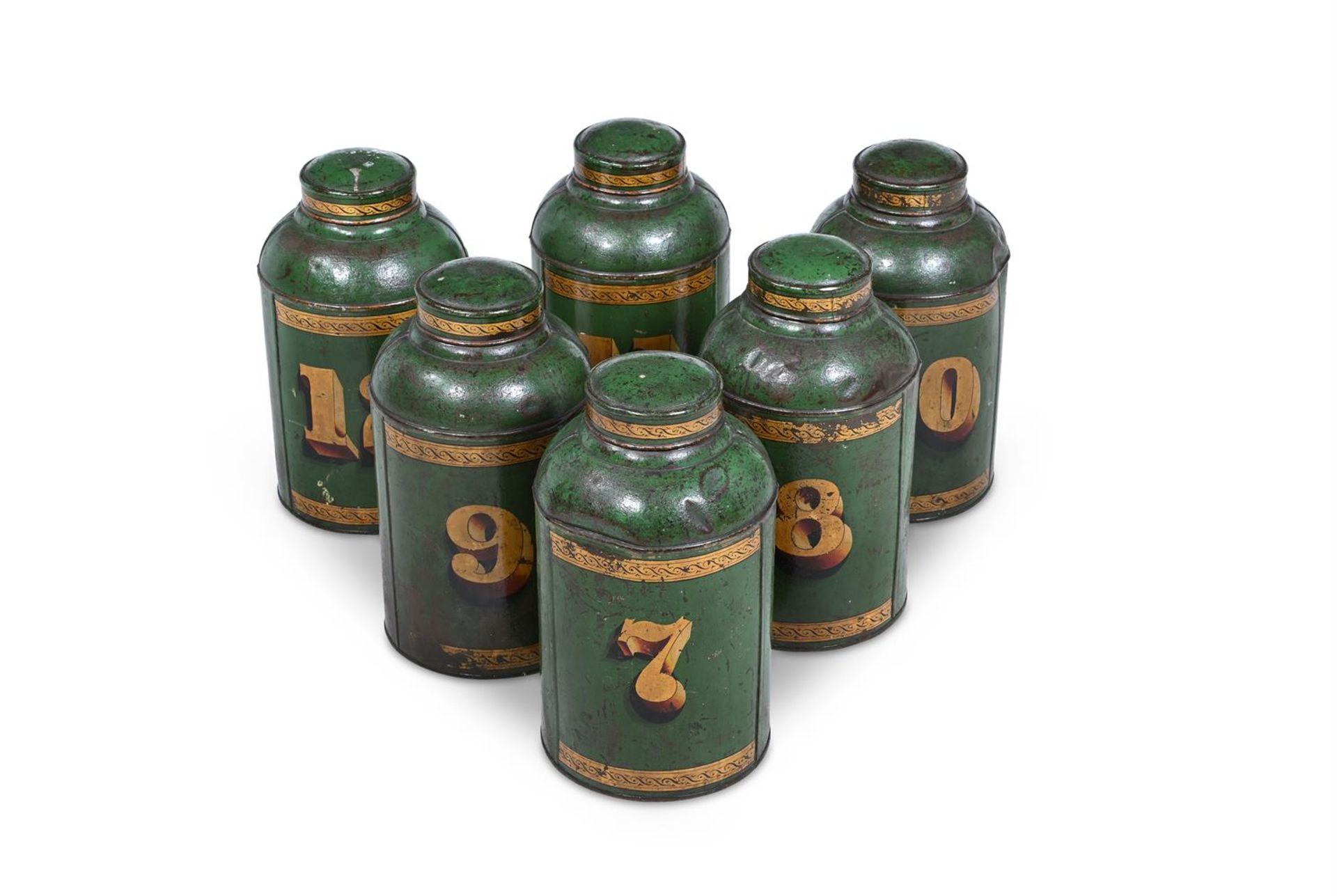 A RUN OF SIX VICTORIAN TOLE PEINTE TEA CANNISTERS, CIRCA 1830-1860 - Image 2 of 3