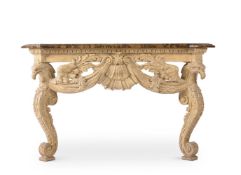 A CARVED WOOD AND SIMULATED MARBLE TOP CONSOLE TABLE, IN THE MANNER OF WILLIAM KENT
