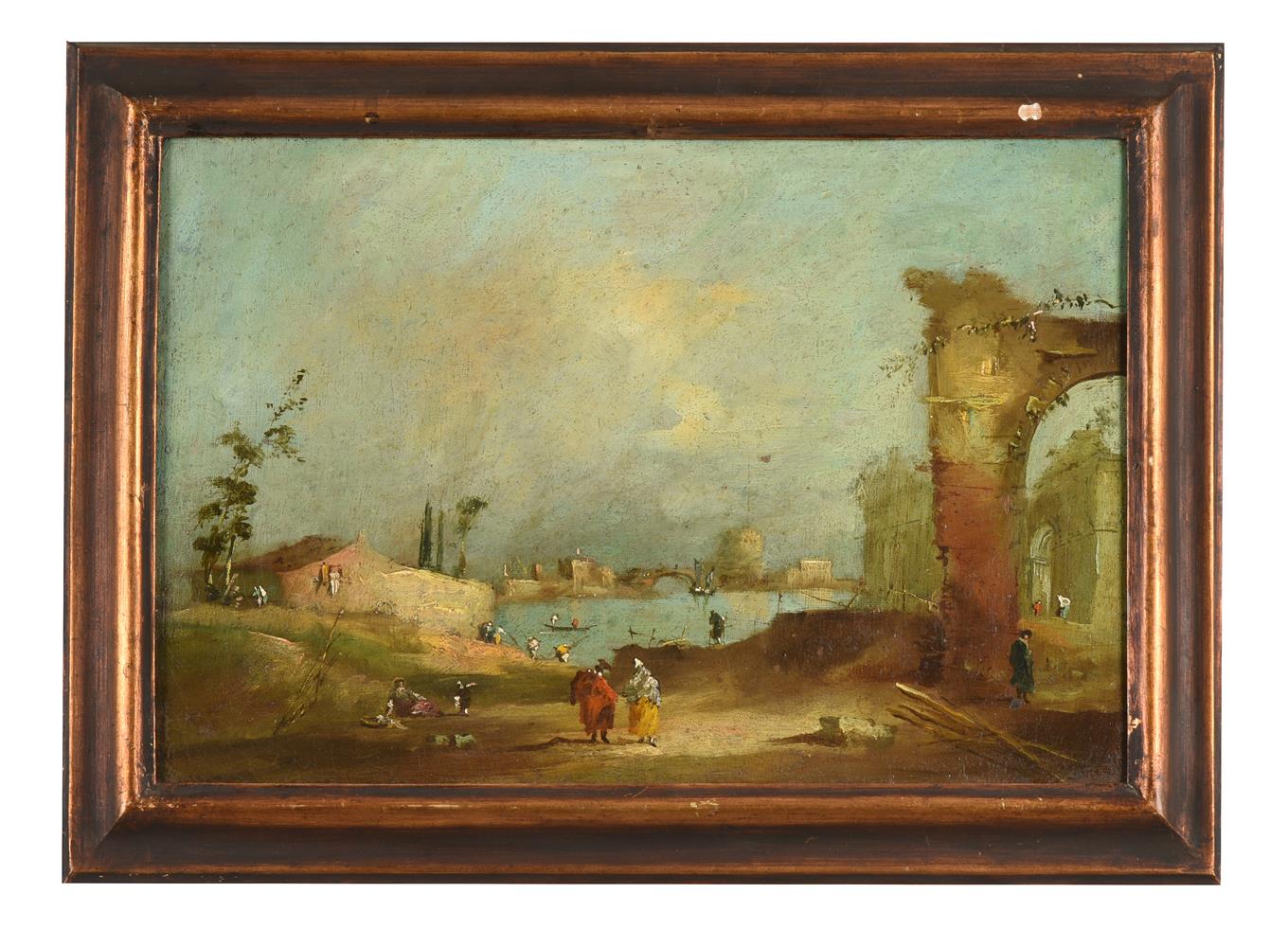 MANNER OF FRANCESCO GUARDI, THREE CAPRICCIO LANDSCAPES WITH FIGURES AND RUINS - Image 3 of 3