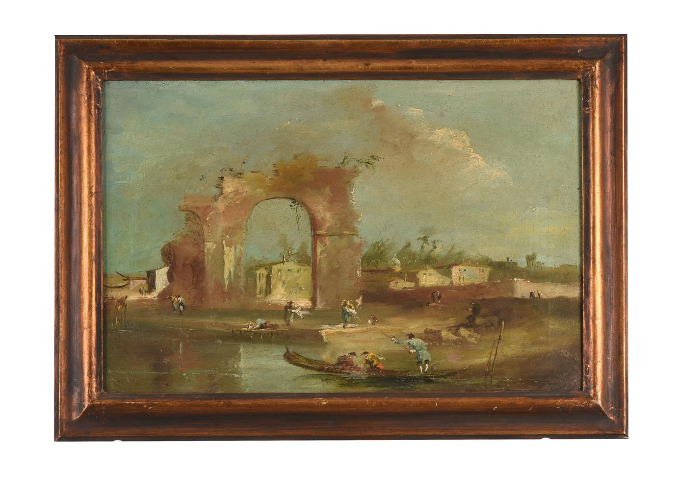 MANNER OF FRANCESCO GUARDI, THREE CAPRICCIO LANDSCAPES WITH FIGURES AND RUINS - Image 2 of 3