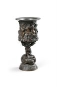 AFTER THE ANTIQUE, AN UNUSUAL BRONZE PEDESTAL CUP, ITALIAN OR FRENCH, PROBABLY 19TH CENTURY