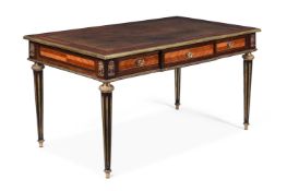 Y A TULIPWOOD, ROSEWOOD AND GILT METAL MOUNTED BUREAU PLAT OR WRITING TABLE, LATE 19TH CENTURY