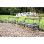 A PAIR OF FRENCH WROUGHT, CAST AND BENT IRON GARDEN BENCHES, ATTRIBUTED TO THE SAINT SAUVEUR FACTORY