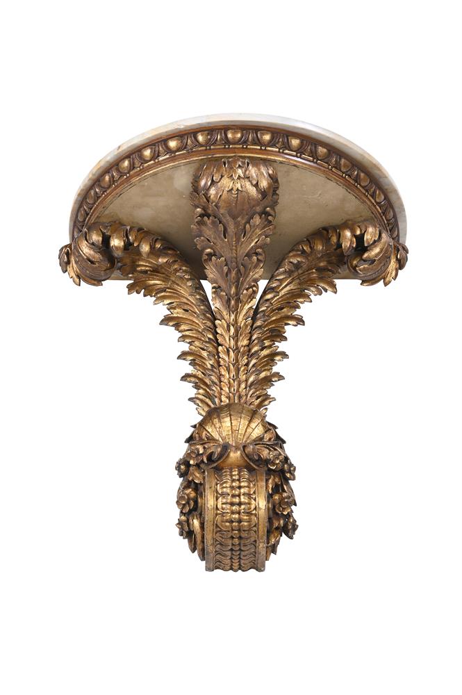 A PAIR OF CARVED GILTWOOD WALL BRACKETS OR CONSOLE TABLES, IN MID 18TH CENTURY STYLE, 20TH CENTURY - Image 6 of 7