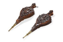 A RARE PAIR OF VICTORIAN CARVED WALNUT FIRE BELLOWS, SECOND HALF 19TH CENTURY