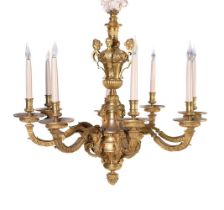 AN ORMOLU EIGHT LIGHT CHANDELIER, AFTER THE MODEL BY ANDRE CHARLES BOULLE