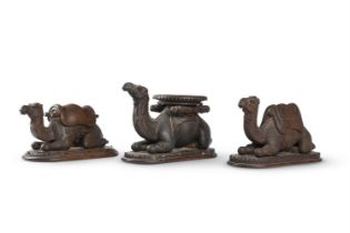 Y A GROUP OF THREE CARVED EXOTIC HARDWOOD MODELS OF RECUMBENT CAMELS, 20TH CENTURY