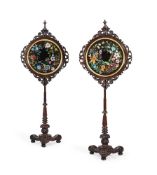 Y A PAIR OF VICTORIAN CARVED ROSEWOOD AND BEADWORK POLES SCREENS, LATE 19TH CENTURY