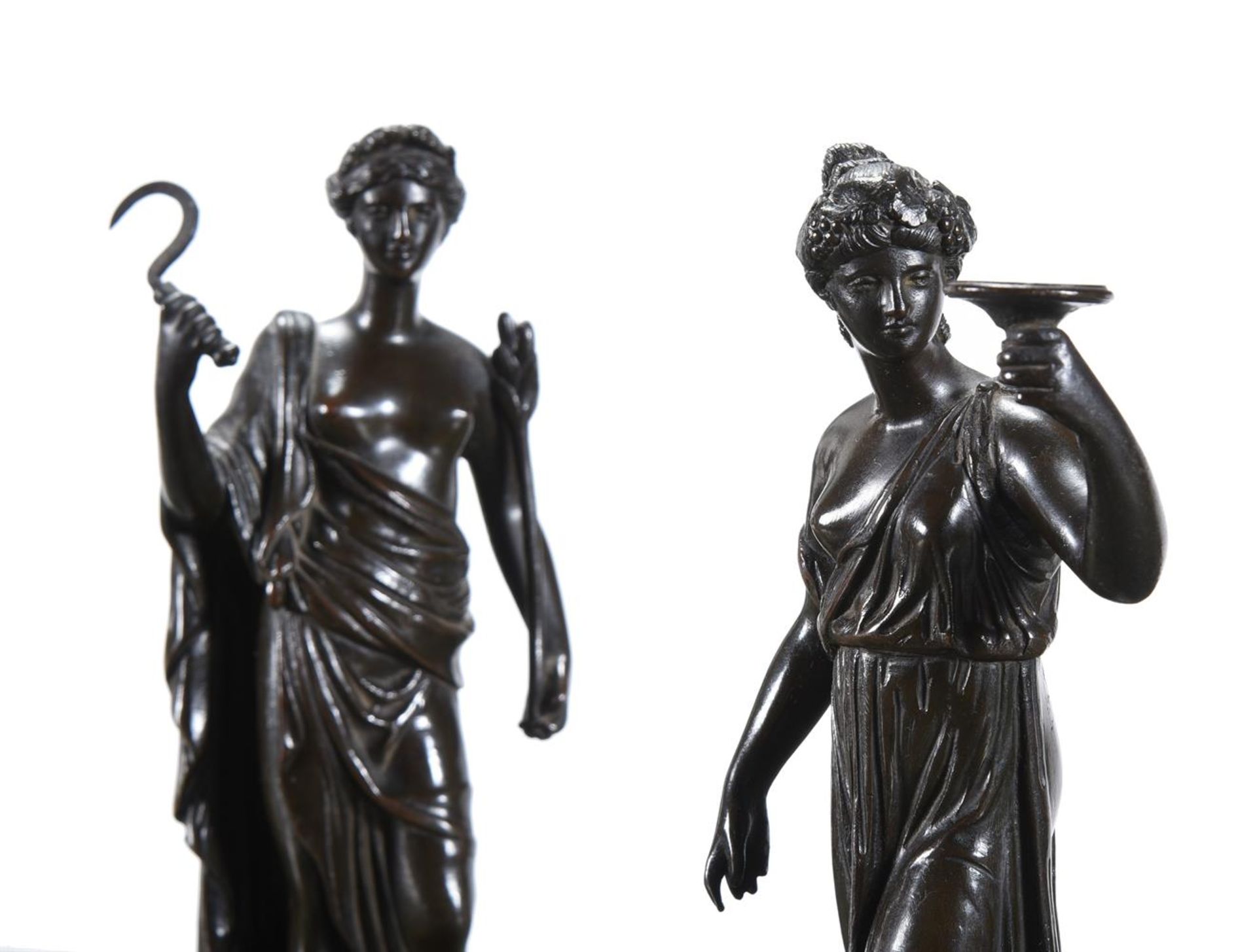 A PAIR OF BRONZE NEOCLASSICAL FEMALE FIGURES EMBLEMATIC OF THE HARVEST, MID 19TH CENTURY - Image 2 of 3