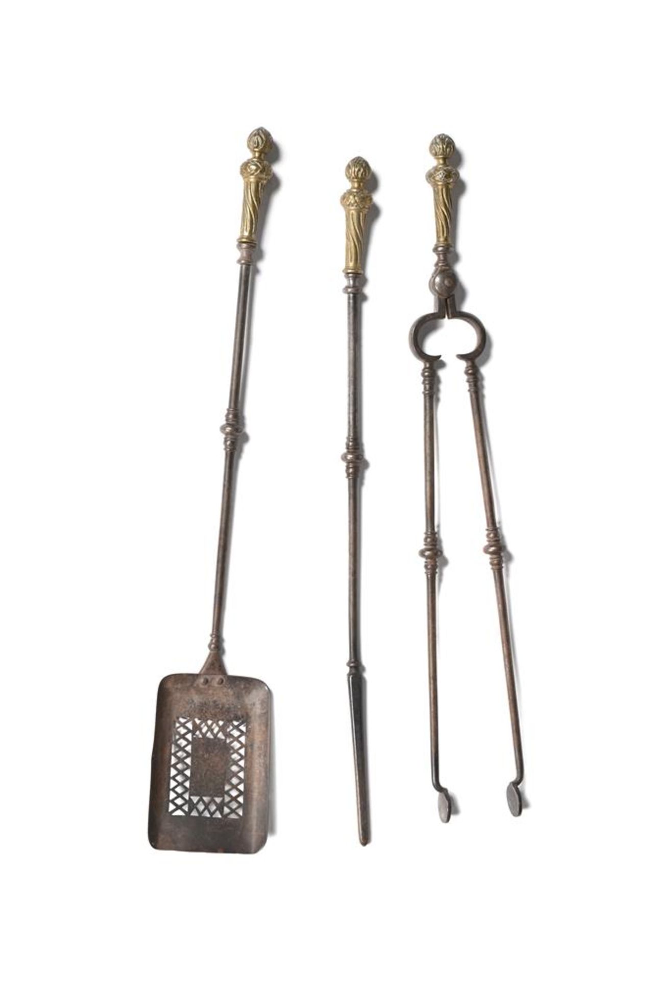 A SET OF THREE STEEL AND GILT METAL FIRE TOOLS, EARLY 19TH CENTURY