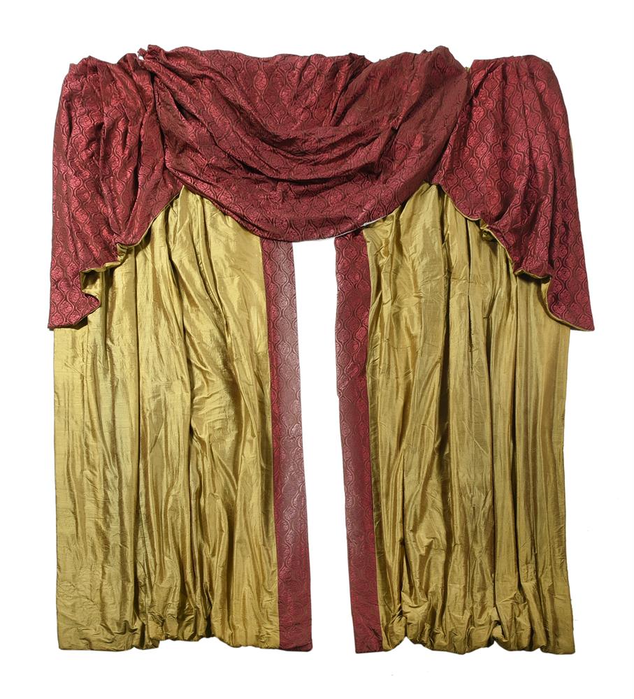 FOUR PAIRS OF PART SILK RED AND GREEN CURTAINS, 20TH CENTURY - Image 4 of 6