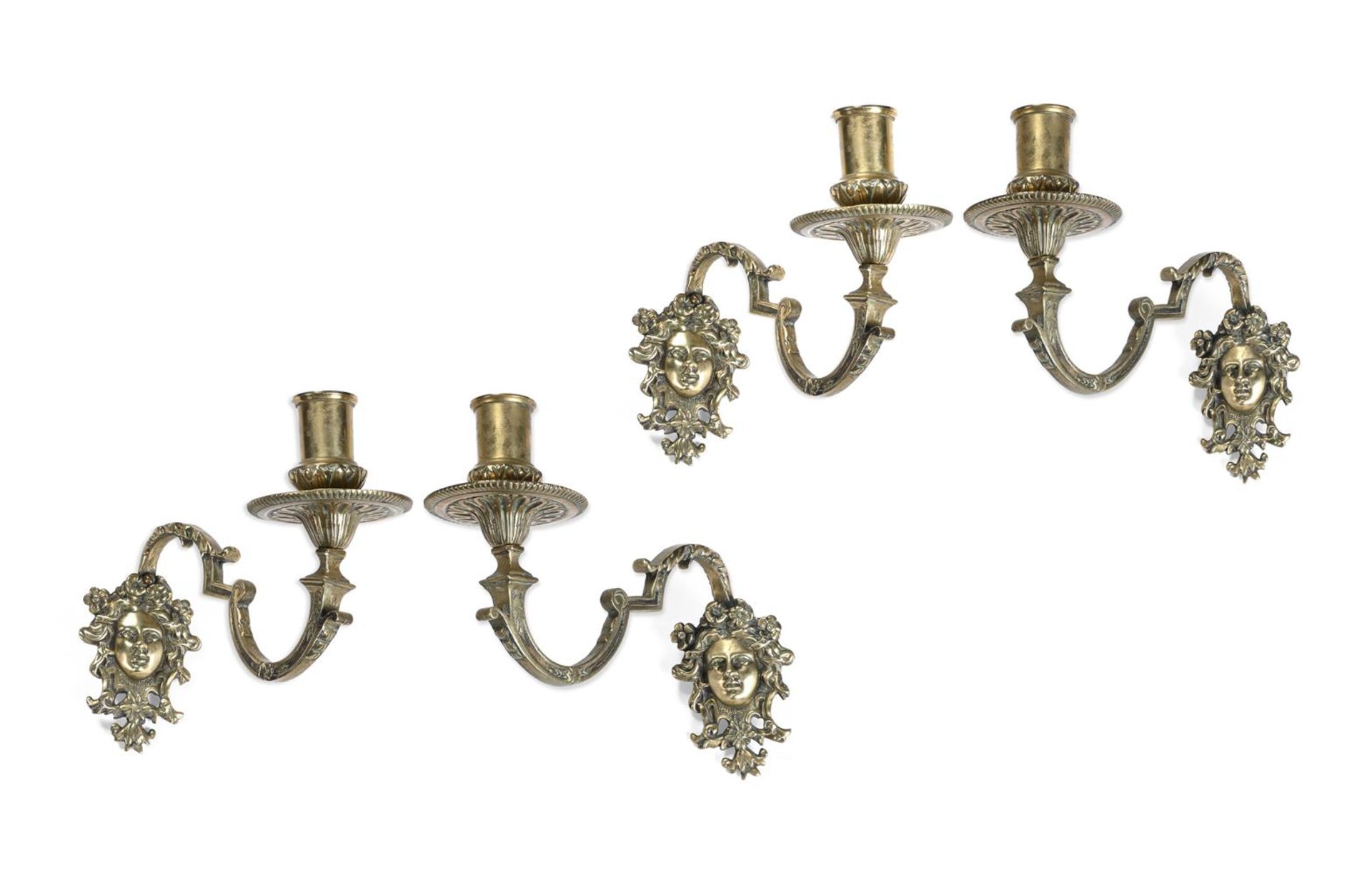 TWO PAIRS OF BRASS WALL LIGHTS PROBABLY FRENCH, 18TH OR 19TH CENTURY
