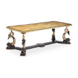 AN LARGE ITALIAN SIMULATED MARBLE, CAST IRON, PARCEL GILT, AND EBONISED TABLE, 20TH CENTURY