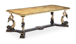 AN LARGE ITALIAN SIMULATED MARBLE, CAST IRON, PARCEL GILT, AND EBONISED TABLE, 20TH CENTURY