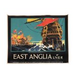 ORIGINAL RAIL TRAVEL POSTER EAST ANGLIA BY LNER, BATTLE OF SOLE BAY OFF SOUTHWOLD, 20TH MAY 1672