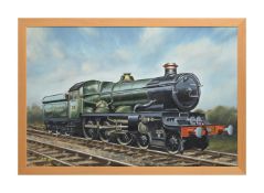 AN OIL ON BOARD OF THE GWR 4-6-0 LOCOMOTIVE 'PENDENNIS CASTLE' NO 4079 BY JOHN WILLIS