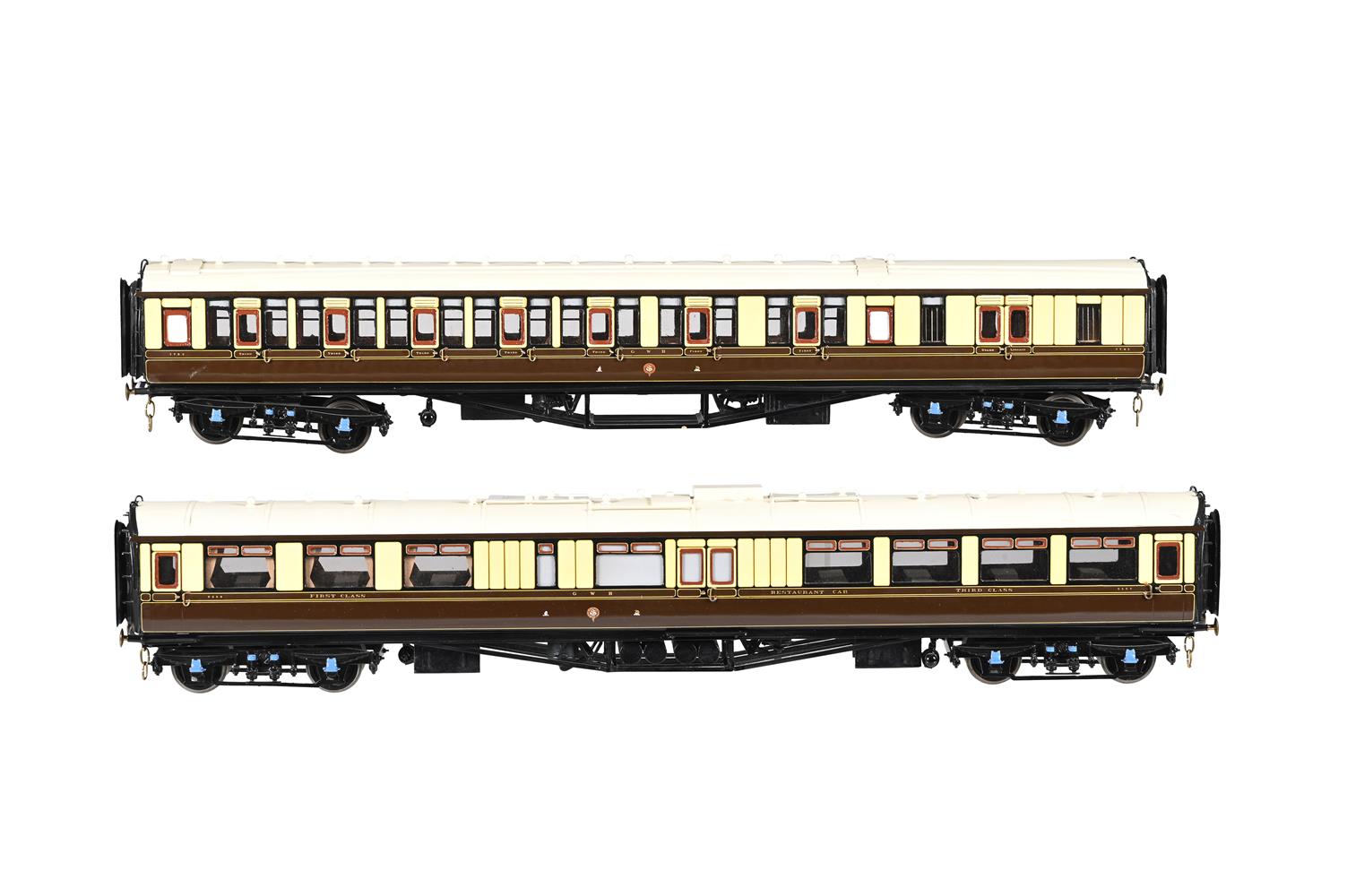 A RAKE OF TWO GAUGE 1 GREAT WESTERN RAILWAY COACHES