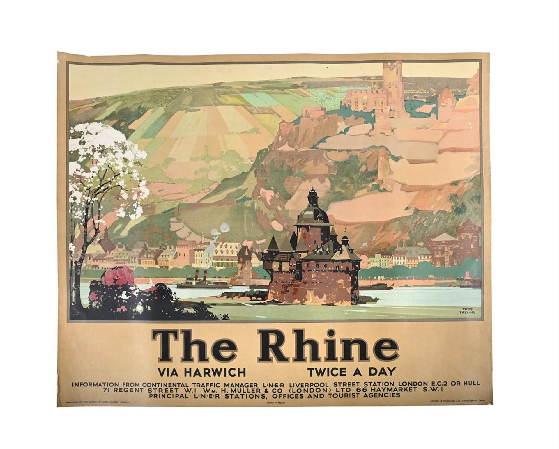 ORIGINAL RAIL TRAVEL POSTER, THE RHINE VIA HARWICH TWICE A DAY