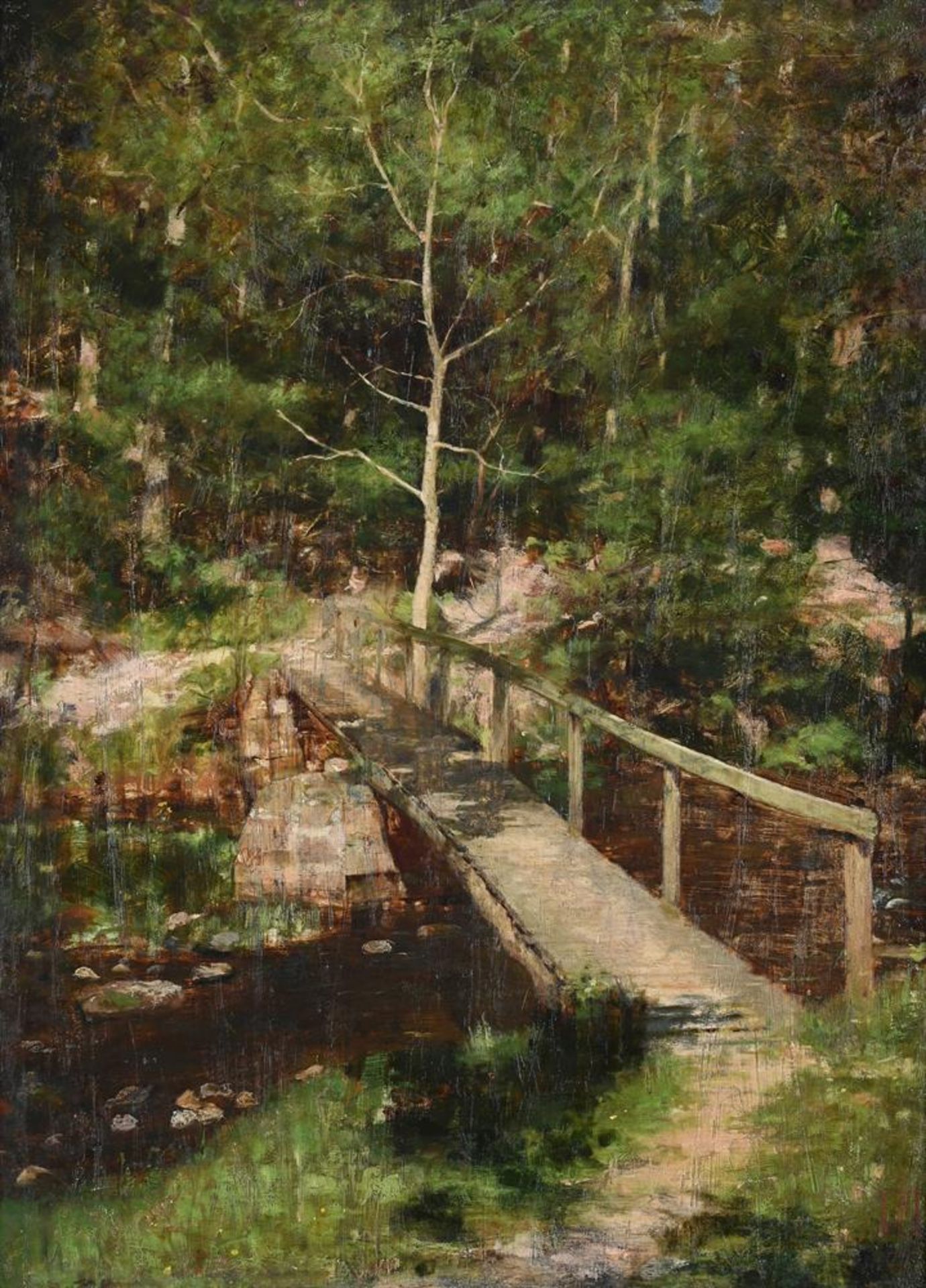 ENGLISH SCHOOL (19TH CENTURY), WOODED LANDSCAPE WITH A BRIDGE ACROSS A STREAM - Bild 2 aus 3