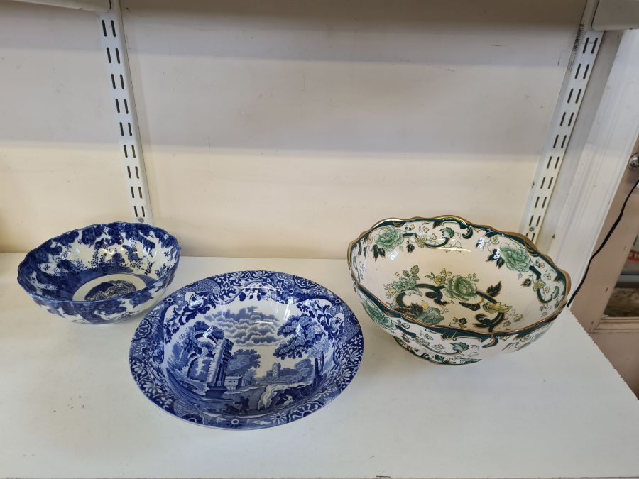 Large 26cm Masons Chartreuse bowl, Spode Italia bowl and an oriental blue/white bowl.