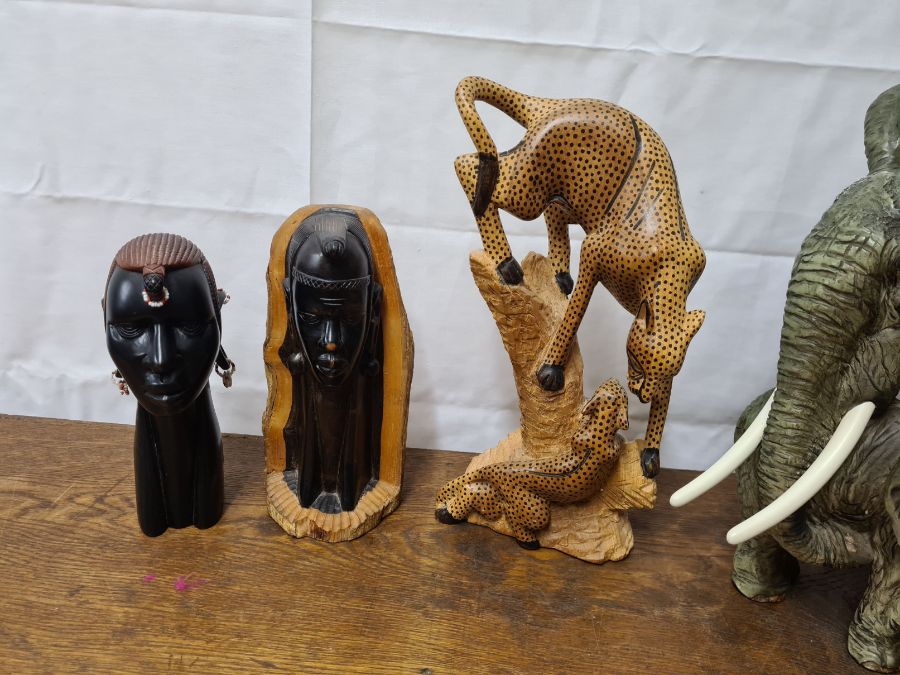 Large elephant and Caleb, 36cm tall, carved African heads and leopards - Image 3 of 5