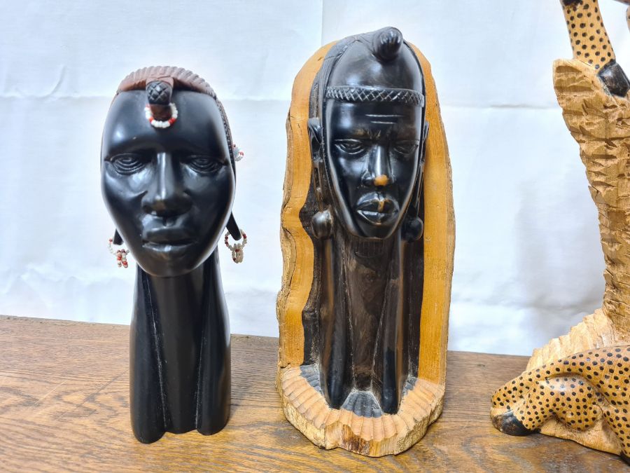 Large elephant and Caleb, 36cm tall, carved African heads and leopards - Image 4 of 5