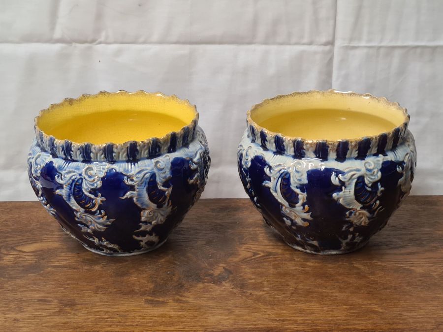 Pair of Victorian Majolica flow blue jardinieres