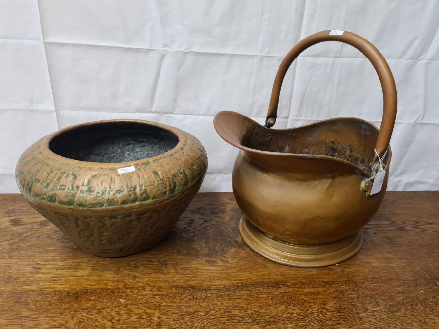 Indian brass jardinere and brass coal helmet