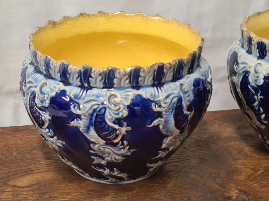 Pair of Victorian Majolica flow blue jardinieres - Image 2 of 3